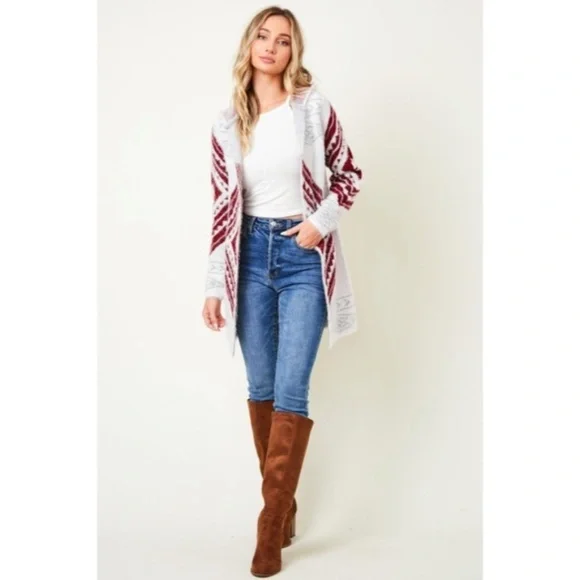 Wine Fuzzy Soft Knit Long Sleeve Aztec Tribal Native Western Cardigan Sweater - Picture 8 of 9